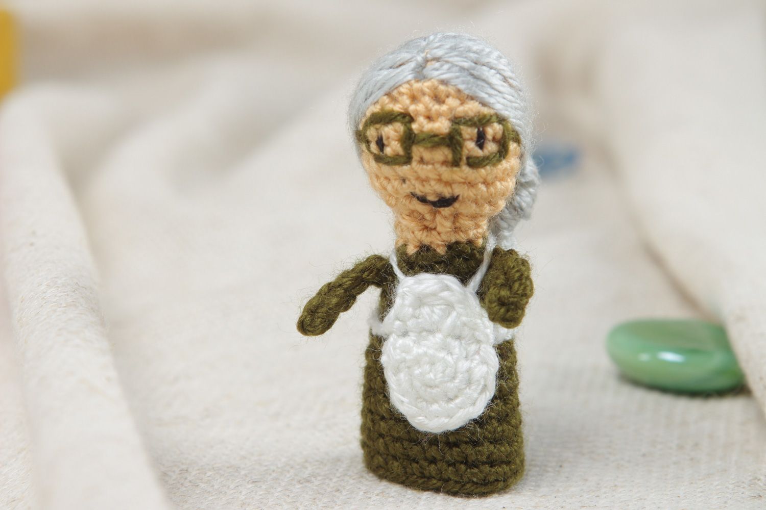 Handmade finger puppet toy in the shape of old woman crocheted of acrylic threads photo 5