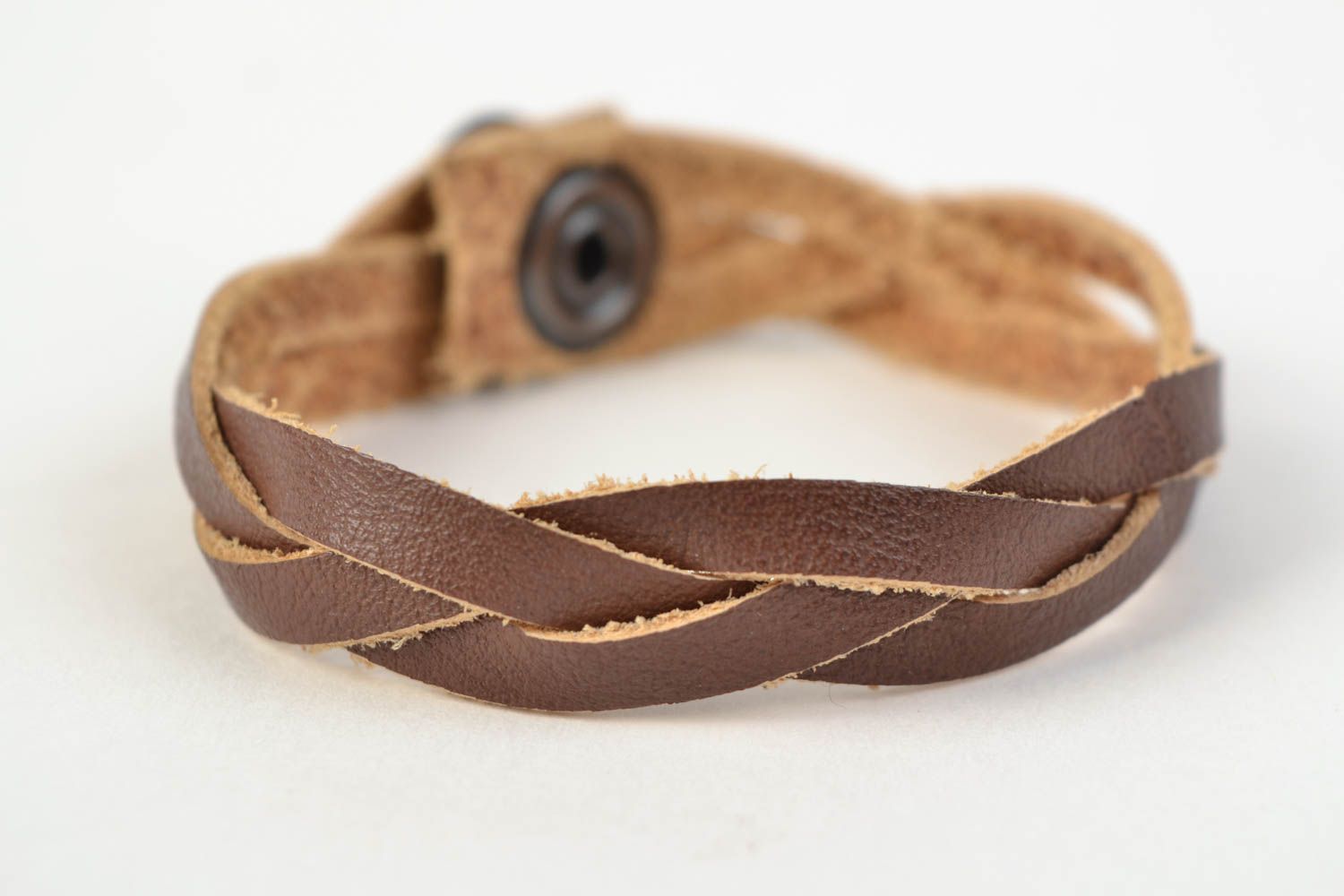 Beautiful handmade brown genuine leather woven wrist bracelet with stud fastener photo 3