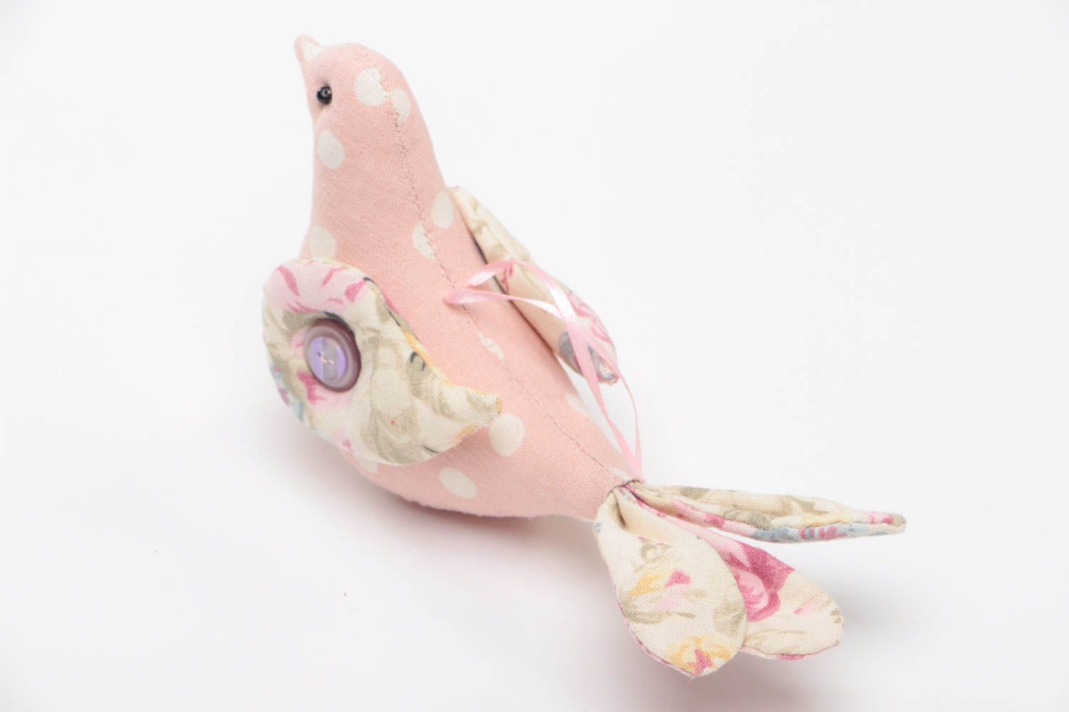 Handmade small fabric toy with eyelet tender pink bird for interior decoration photo 4