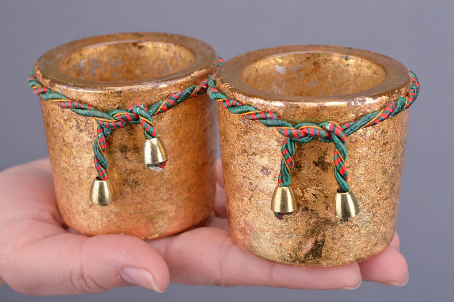 Bougeoirs en verre d'or faits main peints 2 pièces petites accessoires photo 3