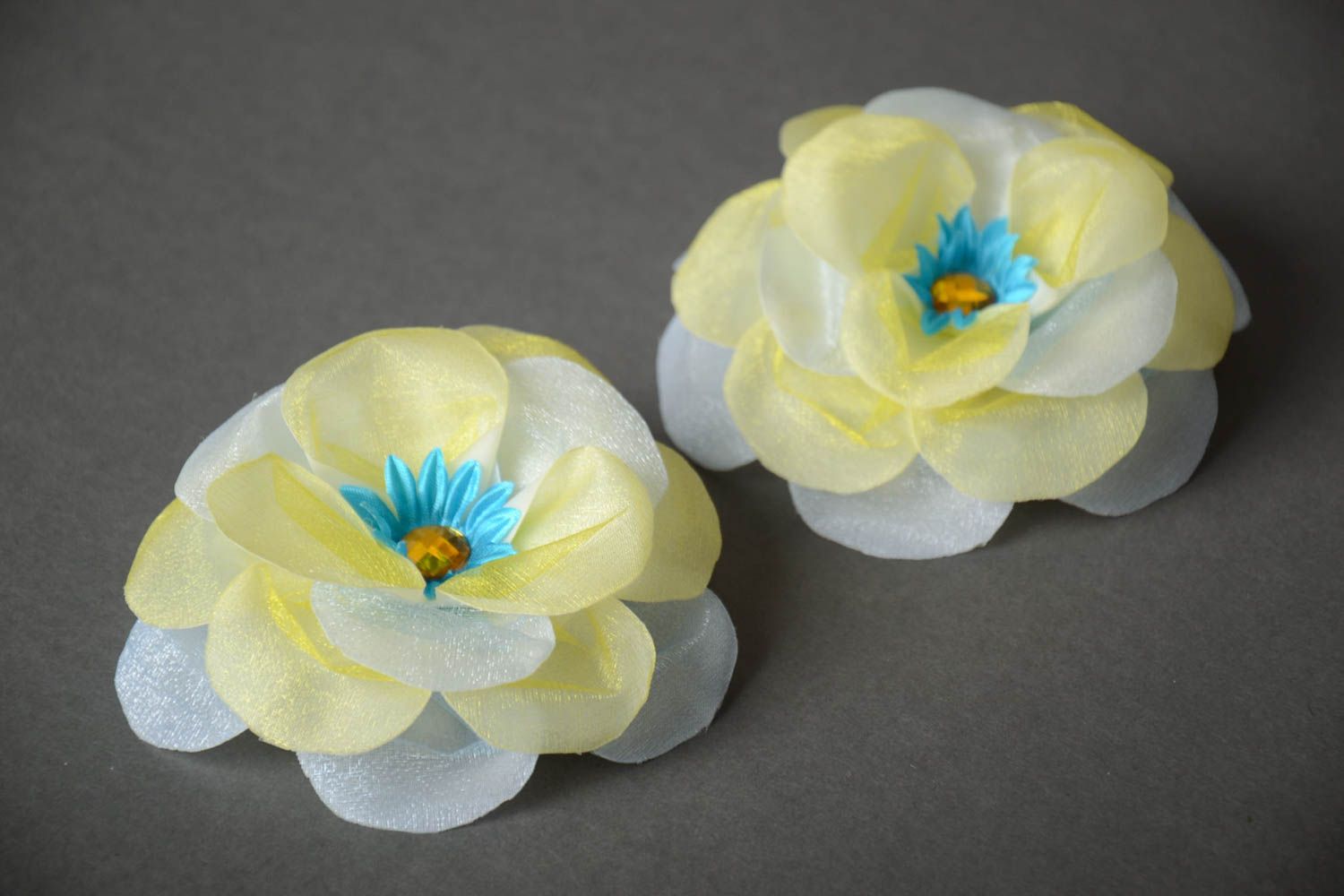 Set of 2 handmade designer hair clips with small light organza flowers for girls photo 1