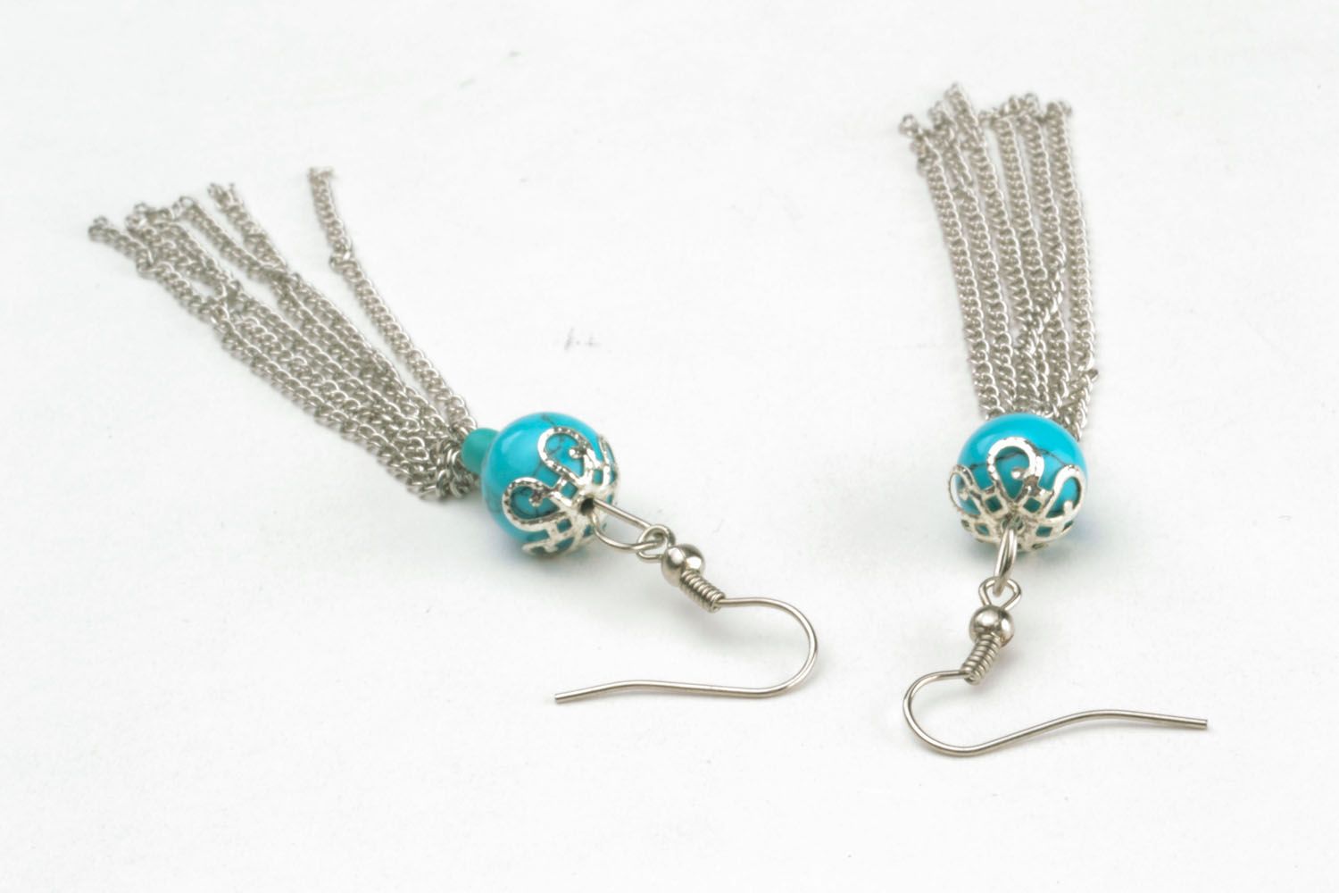 Long earrings with turquoise color beads photo 4