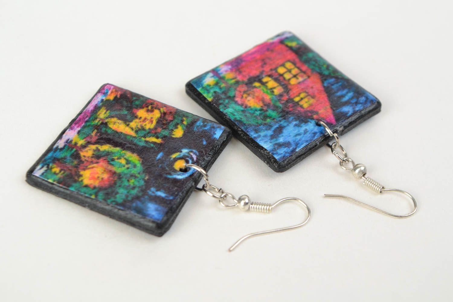 Large handmade decoupage polymer clay square earrings with hook ear wires photo 5
