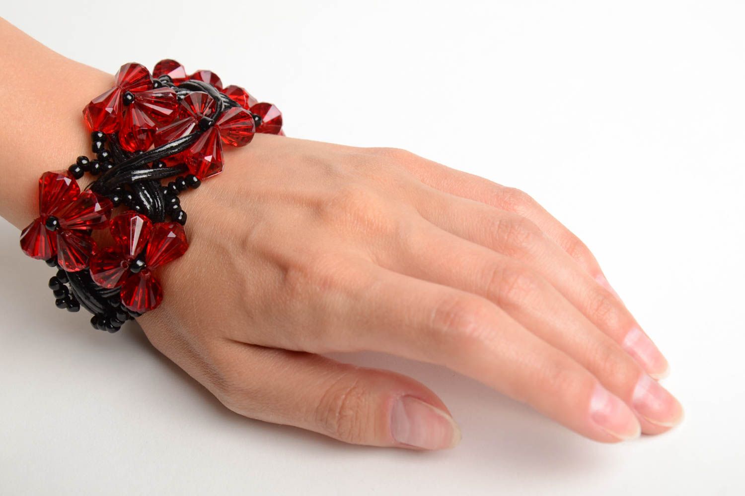 Designer festive handmade black and red wrist bracelet crocheted of Czech beads  photo 2