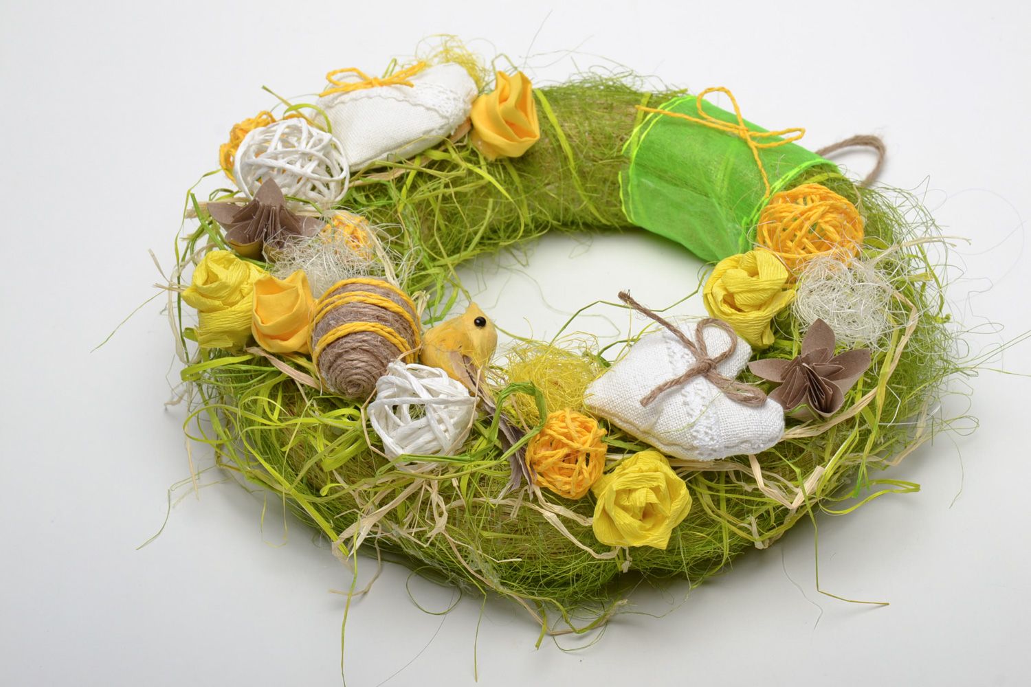 Handmade Easter door wreath with eggs and birds for interior decoration photo 2