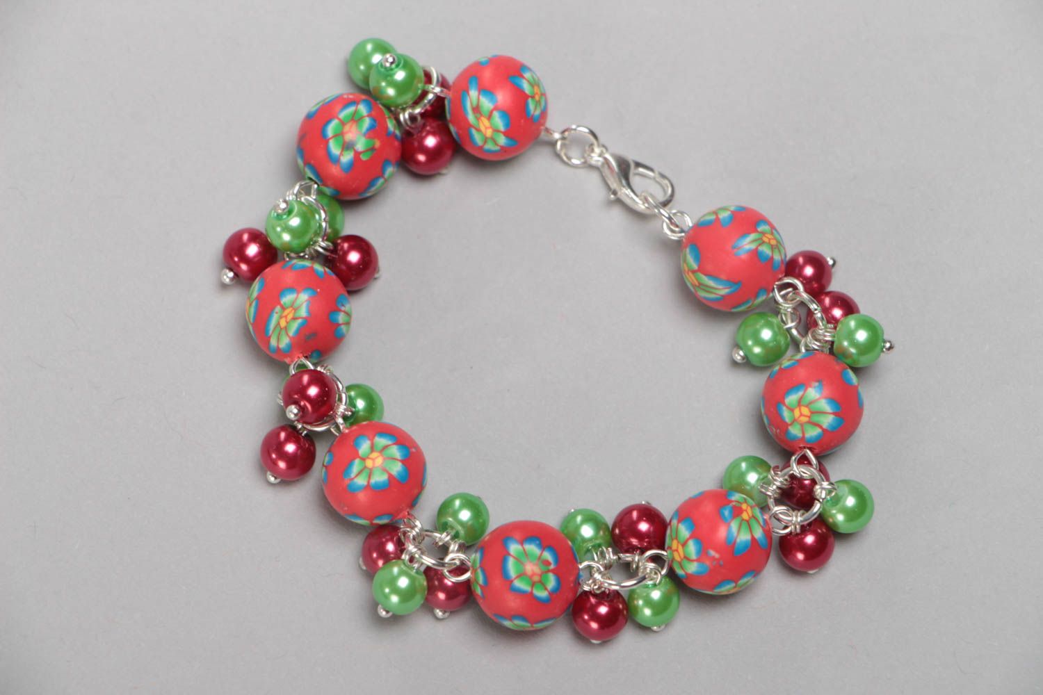 Small handmade children's polymer clay bracelet with ceramic beads on chain photo 3