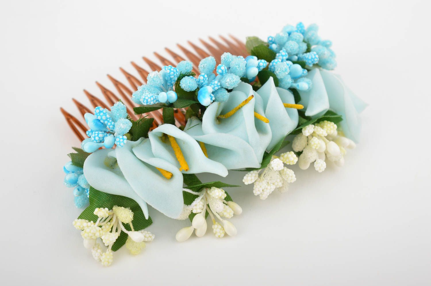 Handmade Blumen Haarkamm himmelblau Designer Schmuck Haar Accessoire Drachenwurz foto 2