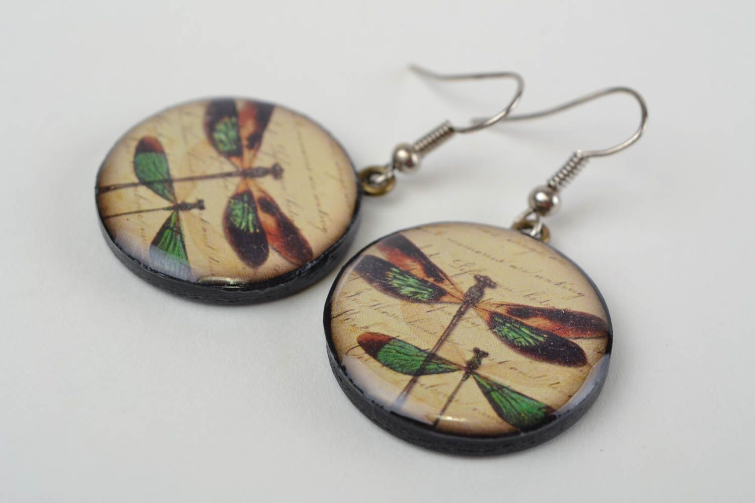 Handmade polymer clay decoupage round earrings with epoxy resin Dragonflies  photo 4