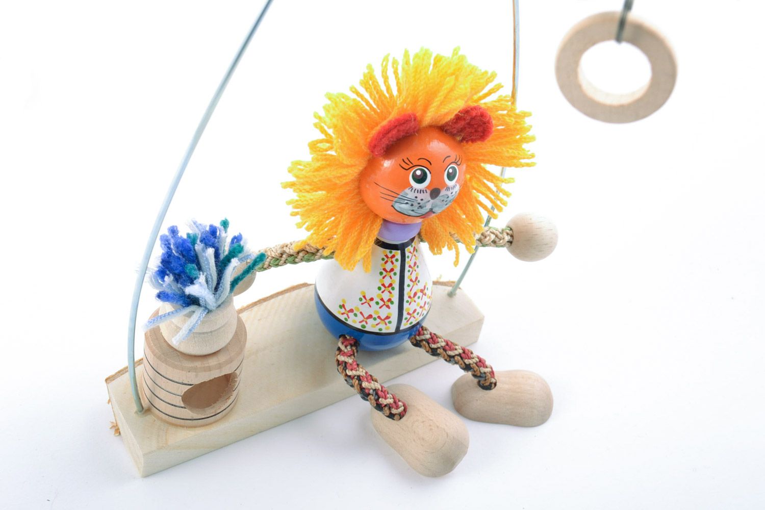 Handmade painted wooden toy lion on swing for gift eco photo 5