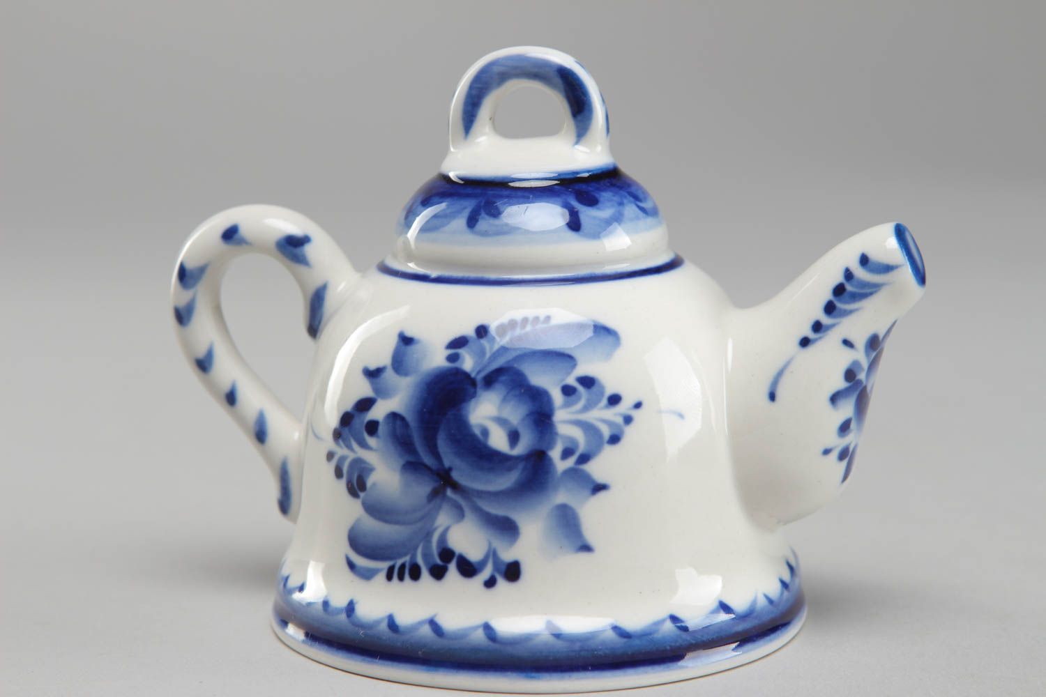 Gzhel porcelain bell in the shape of teapot photo 1