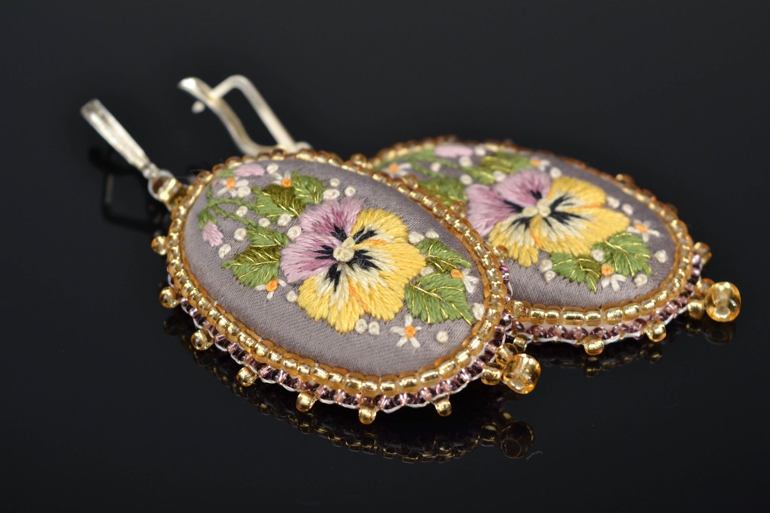 Handmade embroidered long earrings Pansies photo 1