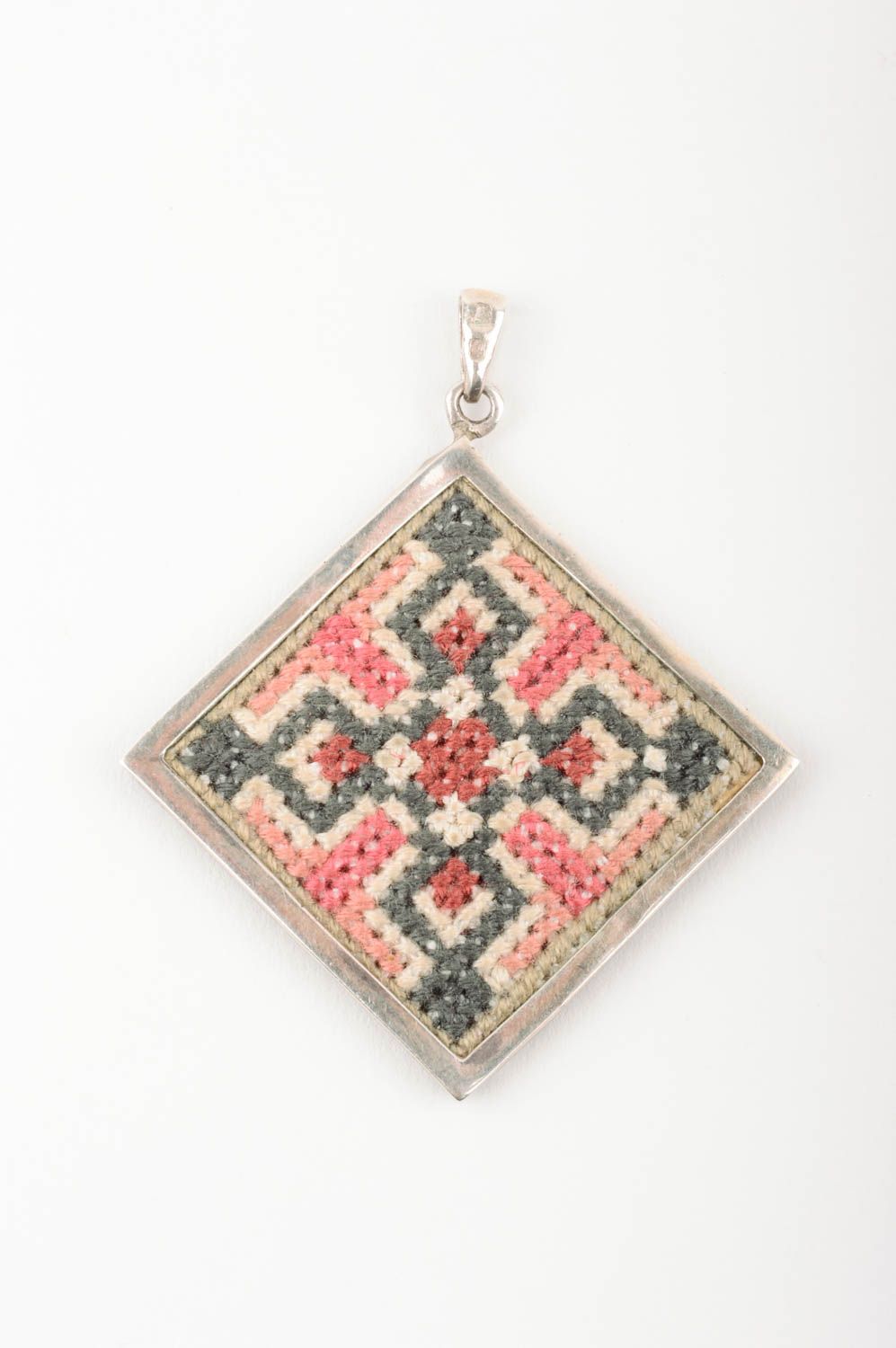 Embroidered pendant designer ethnic jewelry woman silver accessory cross-stitch photo 1
