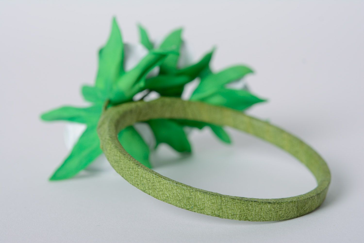 Handmade gentle foamiran fabric wrist bracelet with white flowers on green basis photo 5