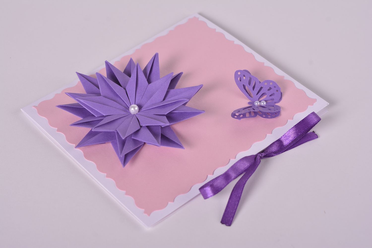 Carte de voeux fleur violette papillon faite main scrapbooking Petit cadeau photo 1