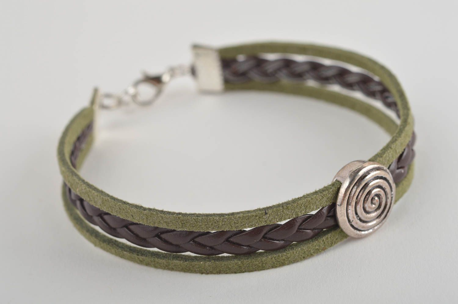 Браслет ручной работы браслет из кожи дизайнерское украшение зелено-коричневое фото 3