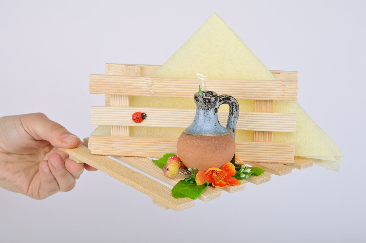 Handmade decorative woodn napkin holder with clay jug kitchen decor photo 3