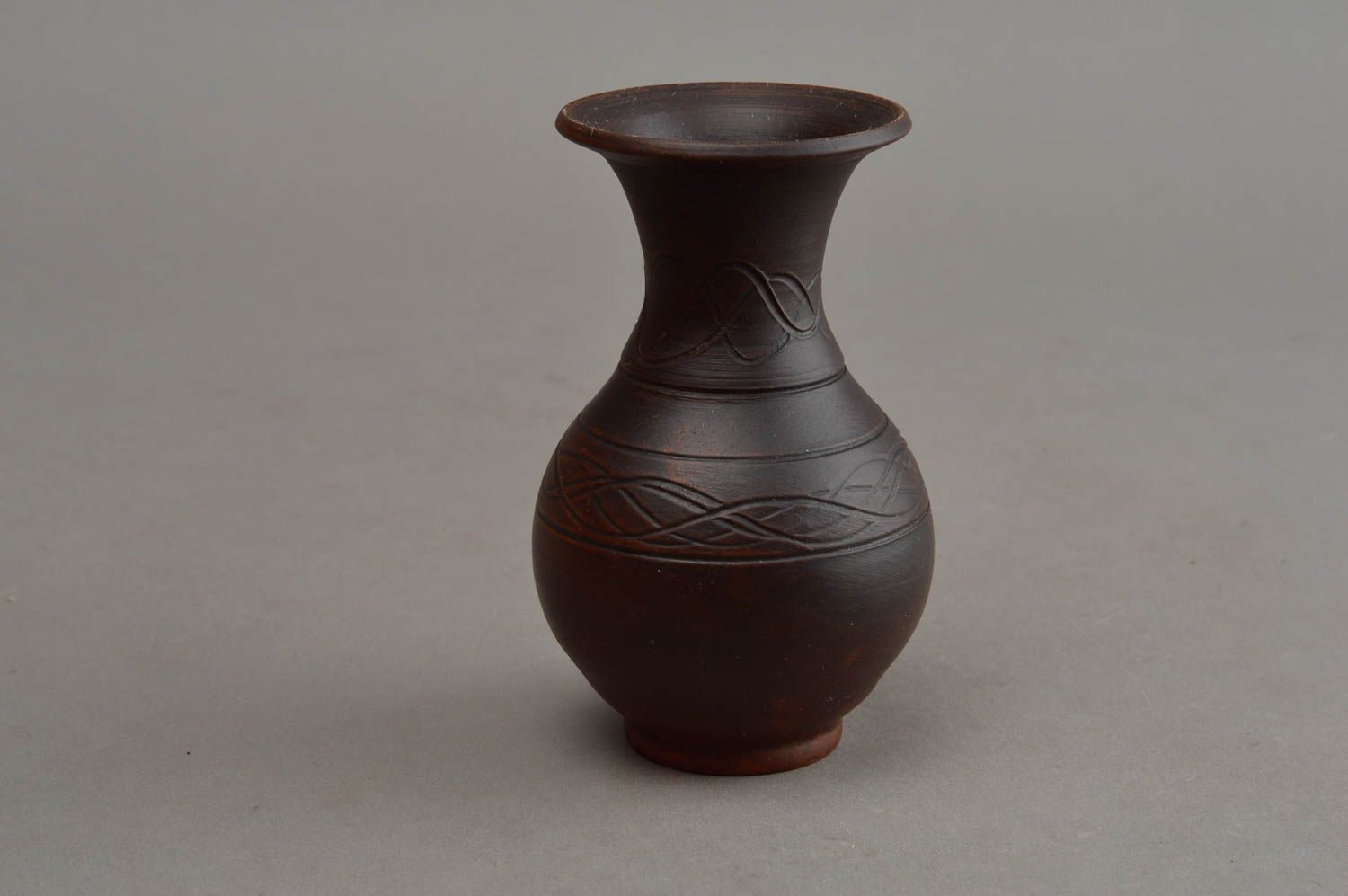 4 inches handmade ceramic brown décor vase with hand-carved ornament 0,25 lb photo 2