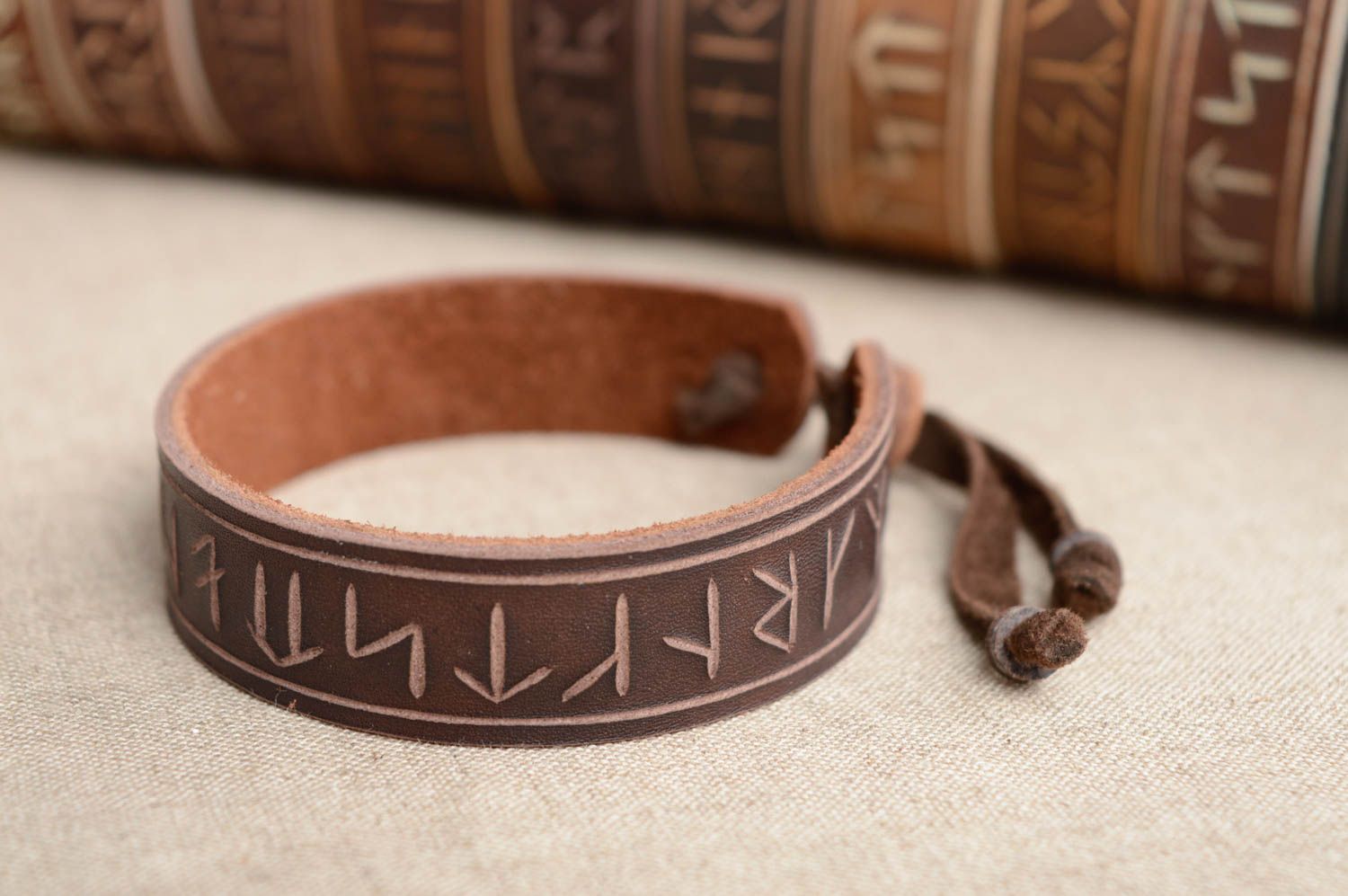Dark brown genuine leather bracelet with runes photo 2