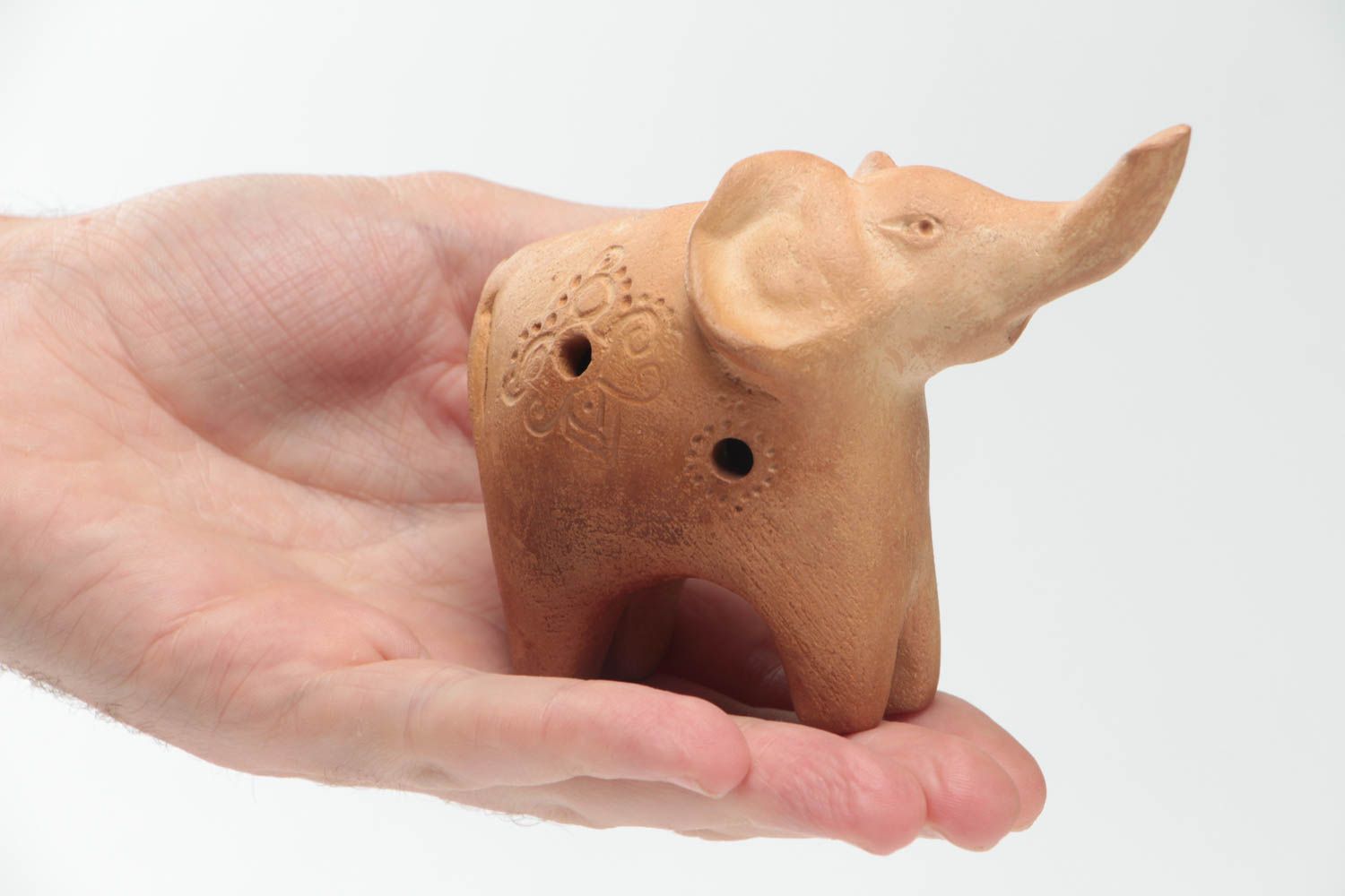 Small handmade brown clay ocarina in the shape of elephant ceramic penny whistle photo 5