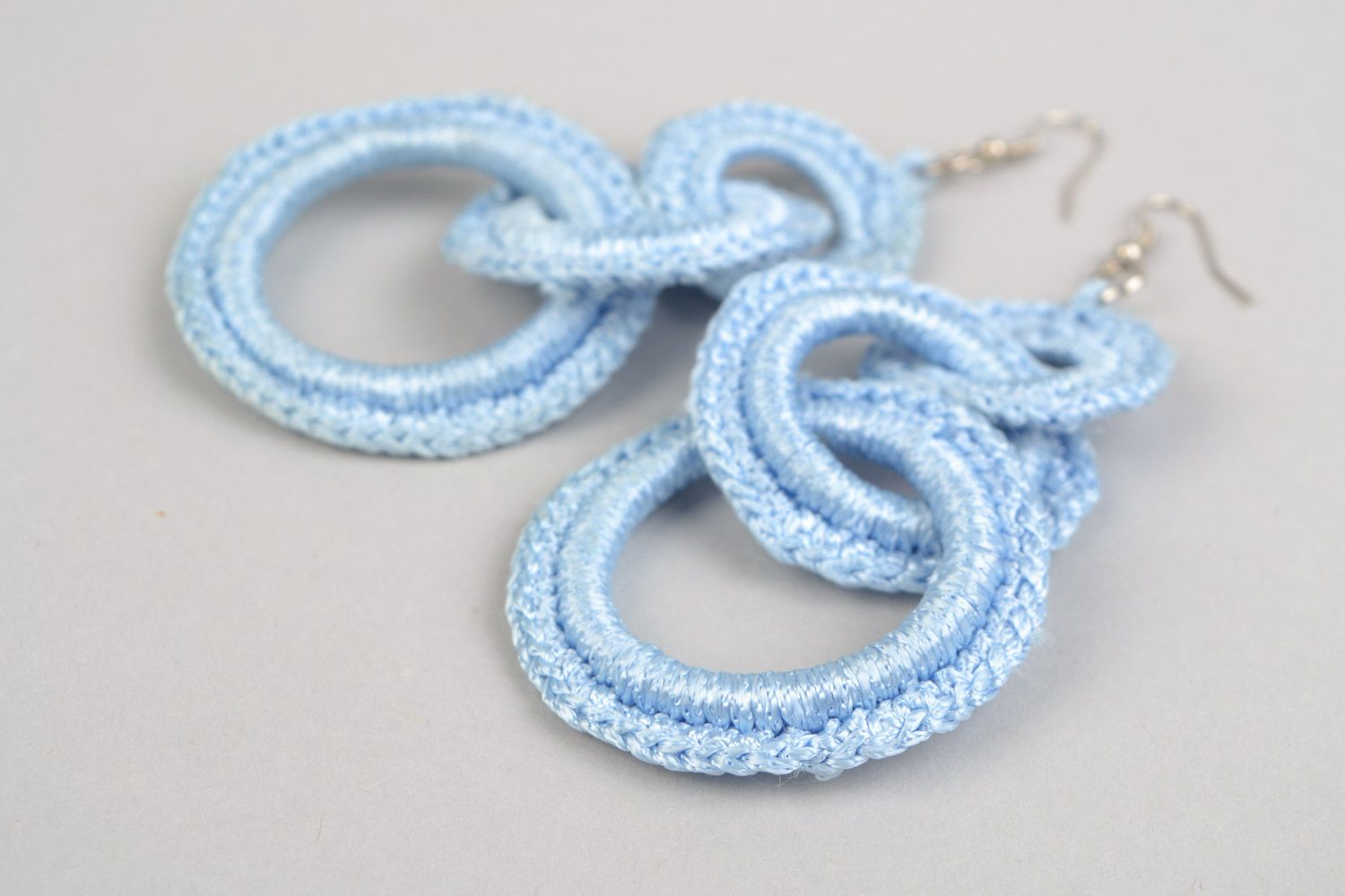 Handmade beautiful long earrings woven of viscose thread with plastic rings  photo 5