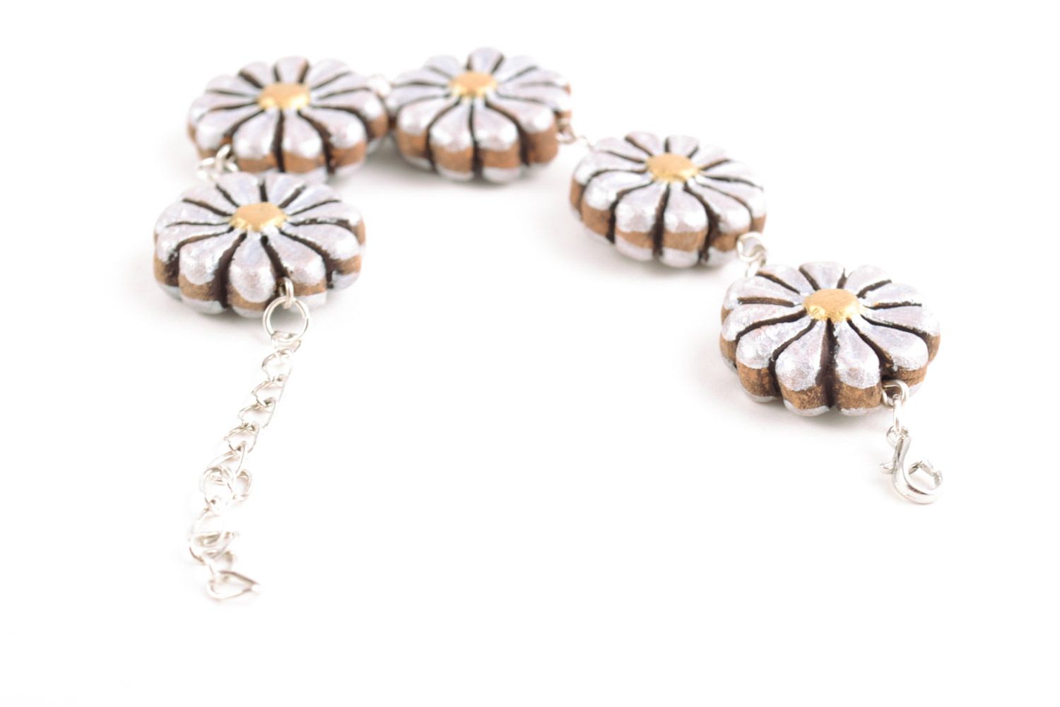 Bracelet en terre cuite fait main original perles en forme de marguerite photo 5