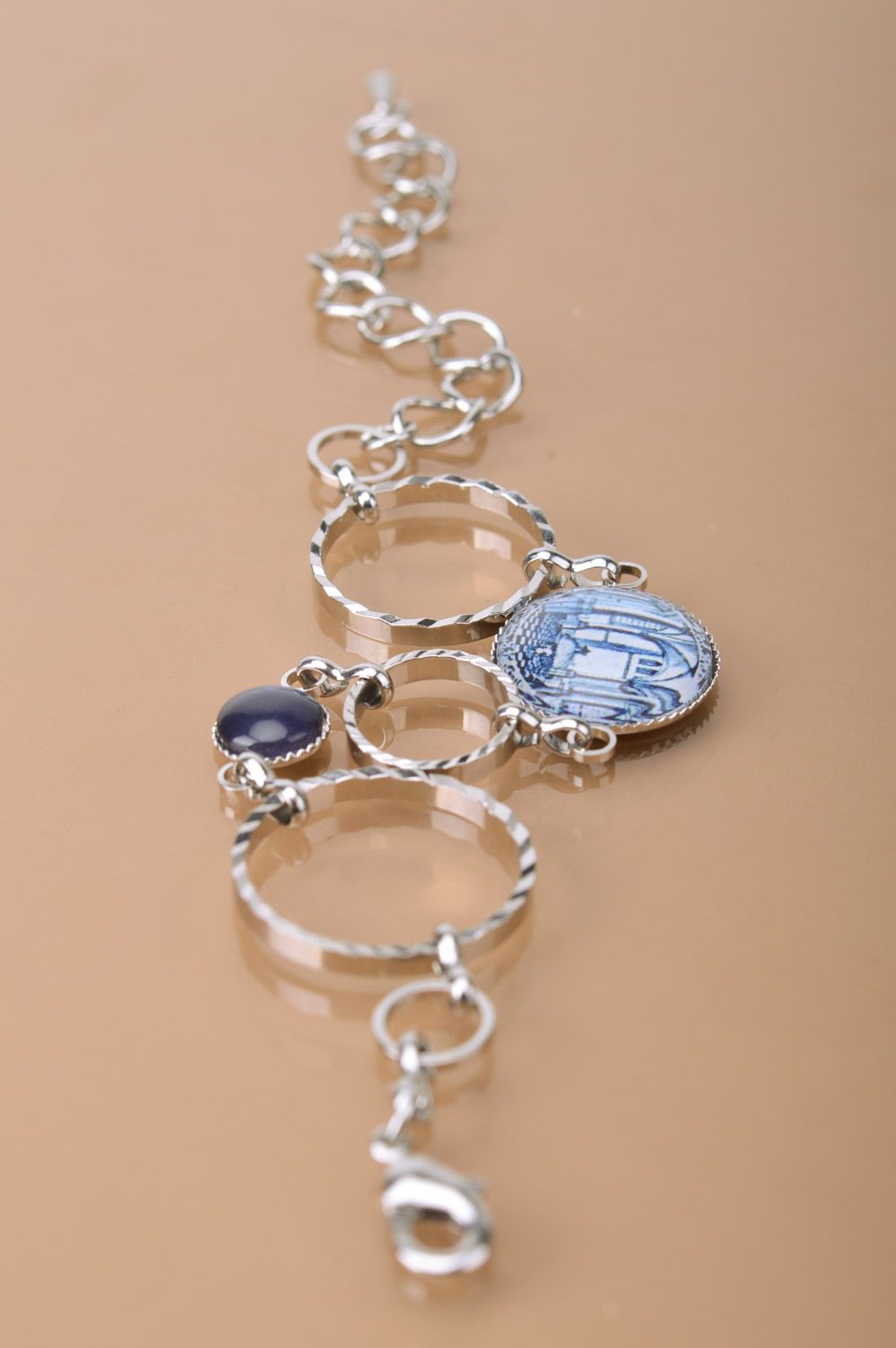 Beautiful handmade metal chain bracelet with blue elements City on the Seaside photo 5