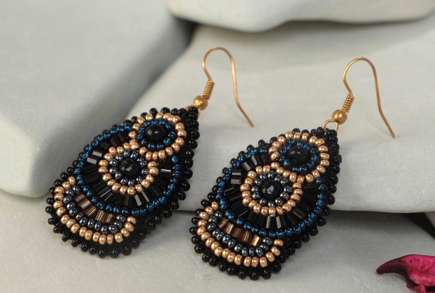 Large handmade designer woven beaded earrings on leather basis photo 1