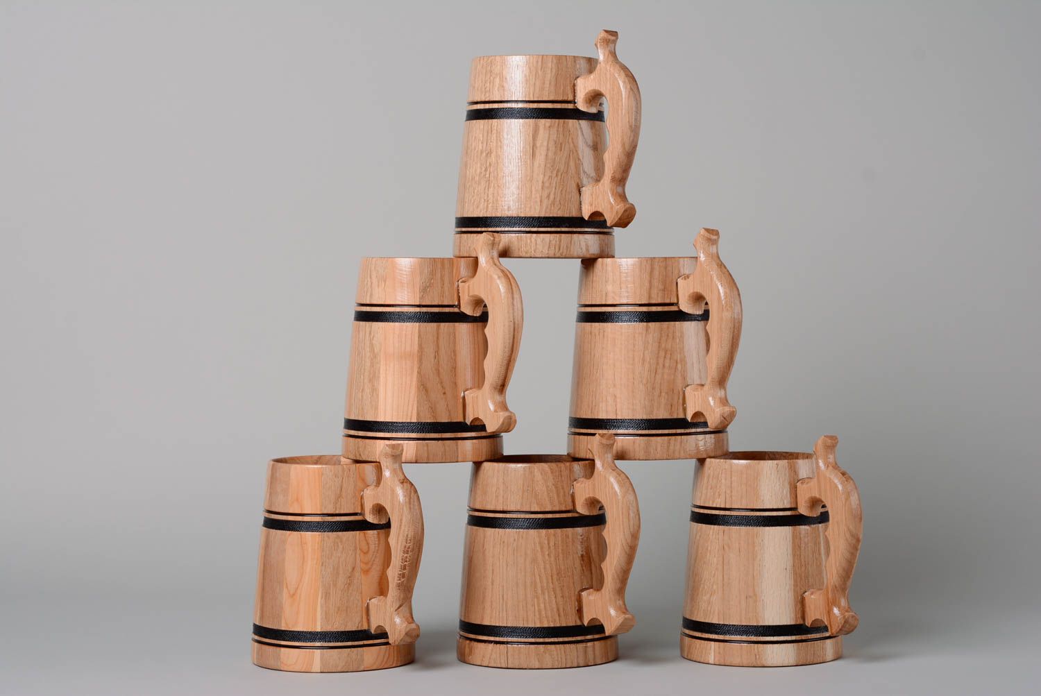 Set of handmade carved wooden beer mugs for interior decoration 6 items photo 1