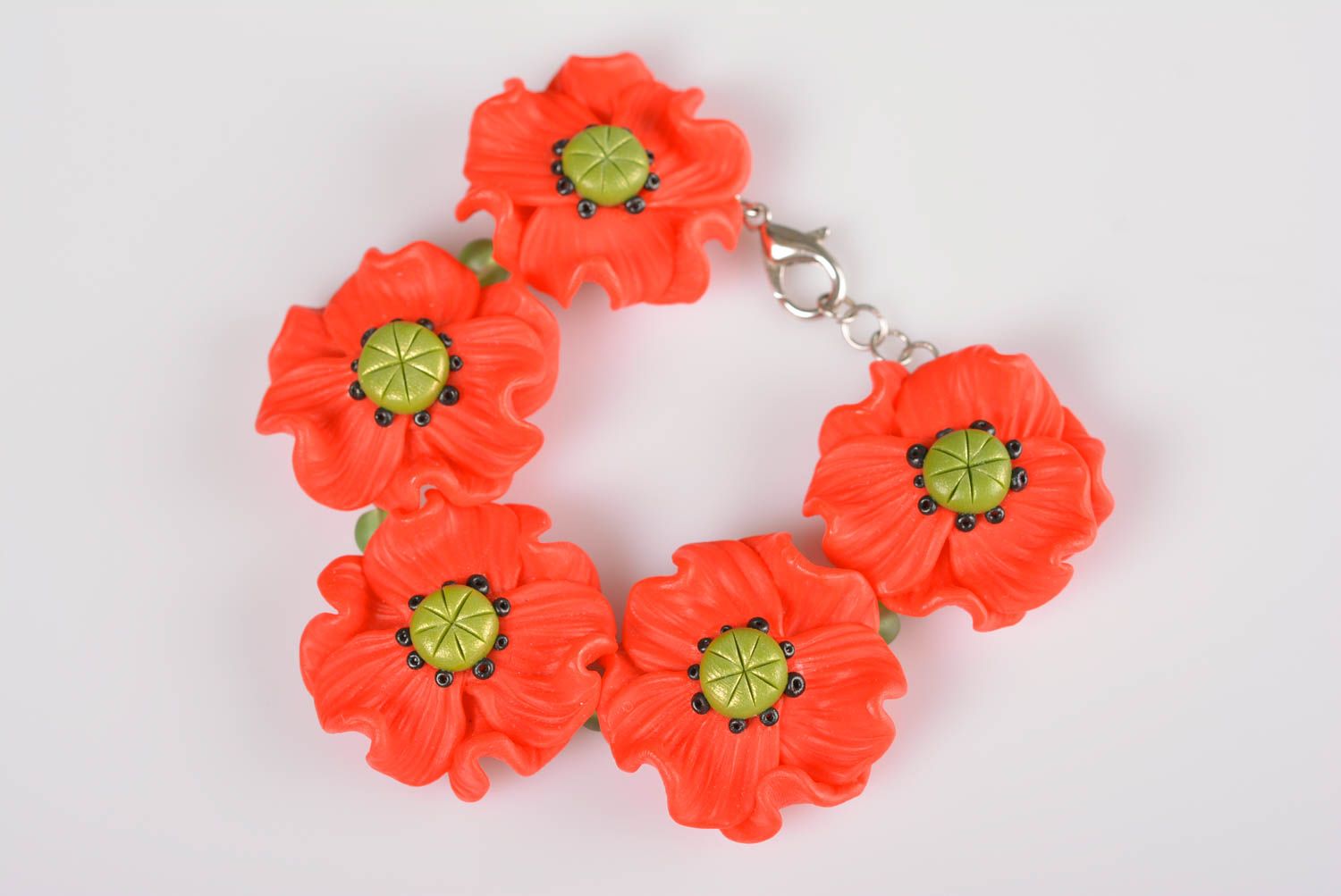 Handmade designer wrist women's bracelet with polymer clay red poppies flowers photo 5