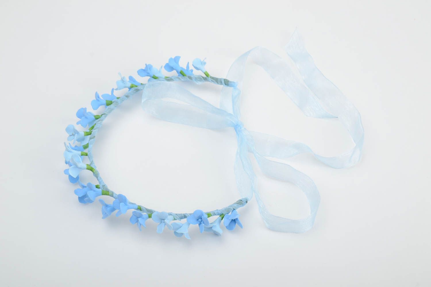 Handmade delicate headband with tender blue polymer clay flowers and ribbon photo 3