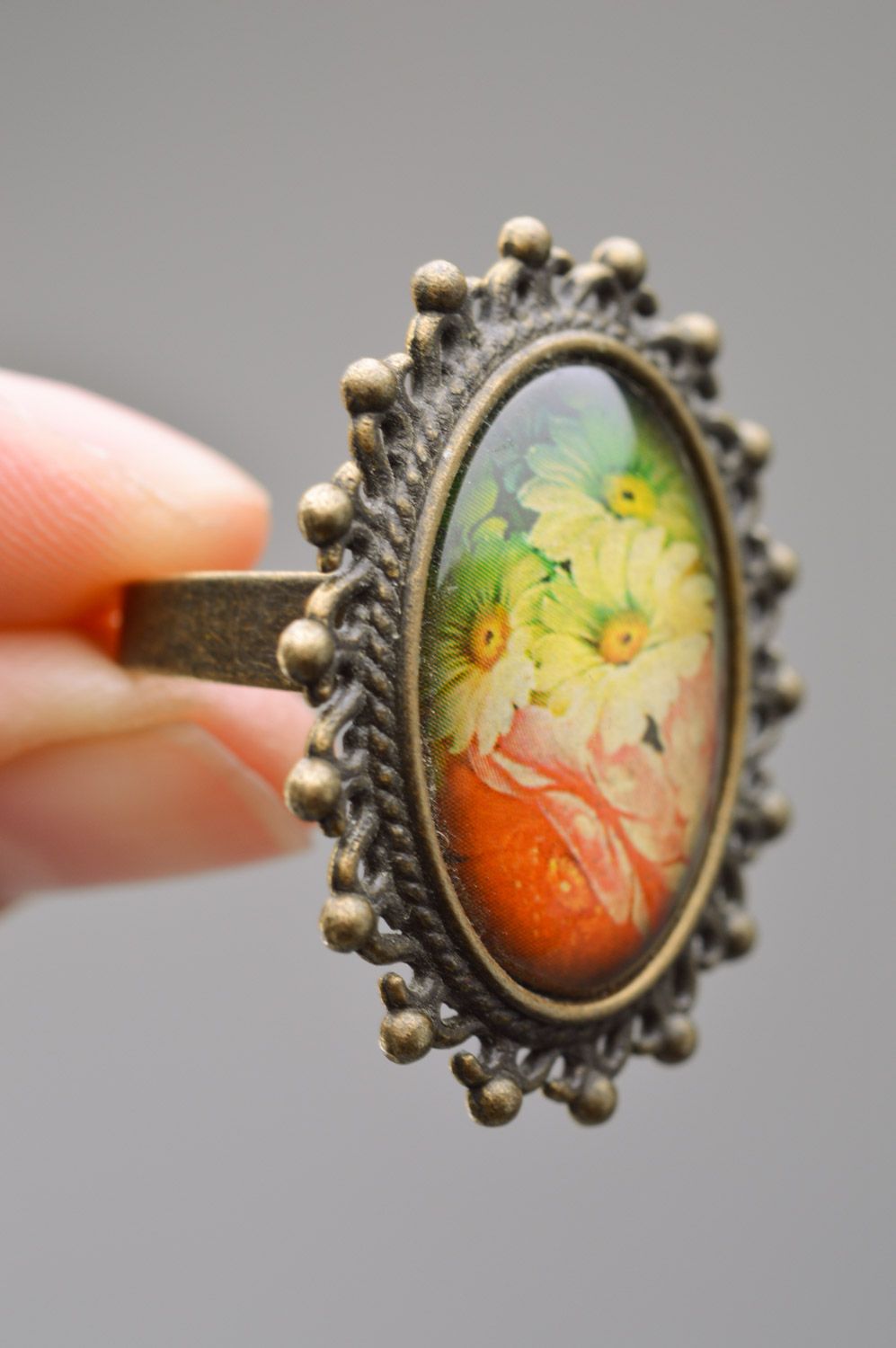 Кольцо в винтажном стиле с принтом цветочным ручной работы женское красивое авторское фото 3