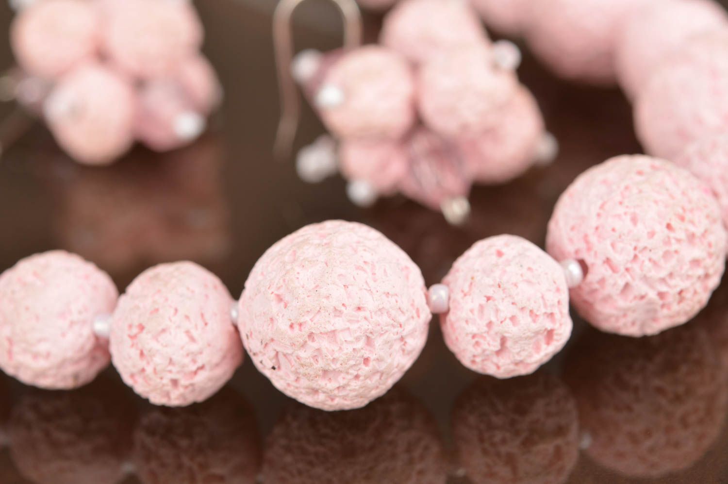Set of handmade pink jewelry made of polymer clay necklace and earrings photo 3