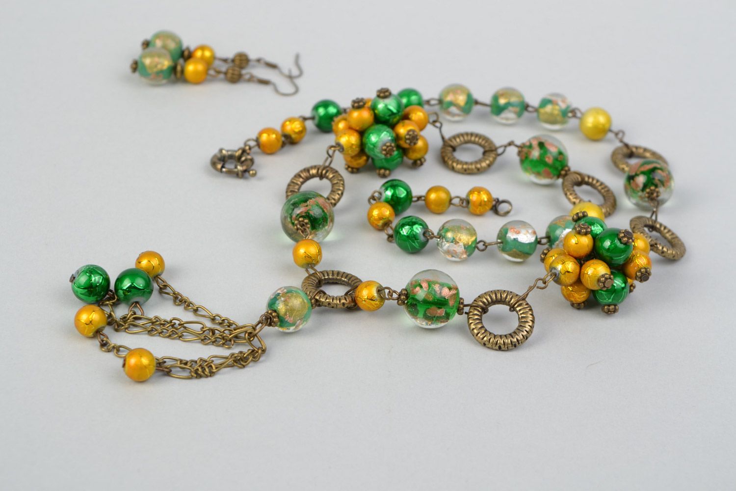 Handmade jewelry set with glass and ceramic beads necklace and earrings photo 1