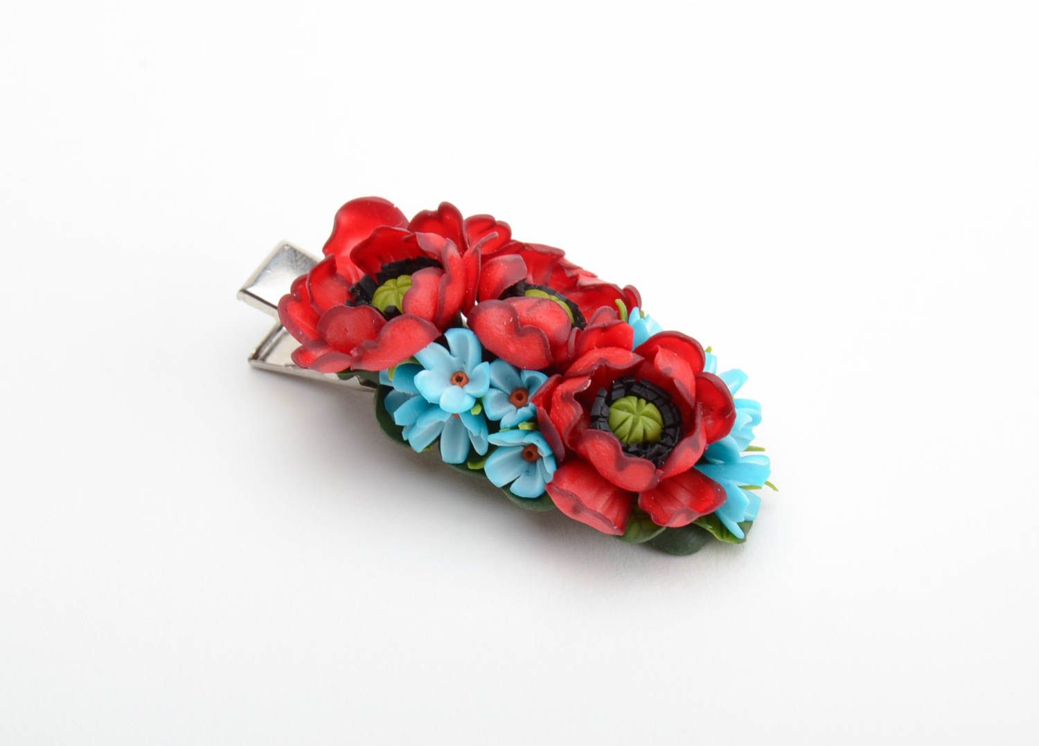 Handmade decorative hair clip with red and blue polymer clay flower composition photo 2