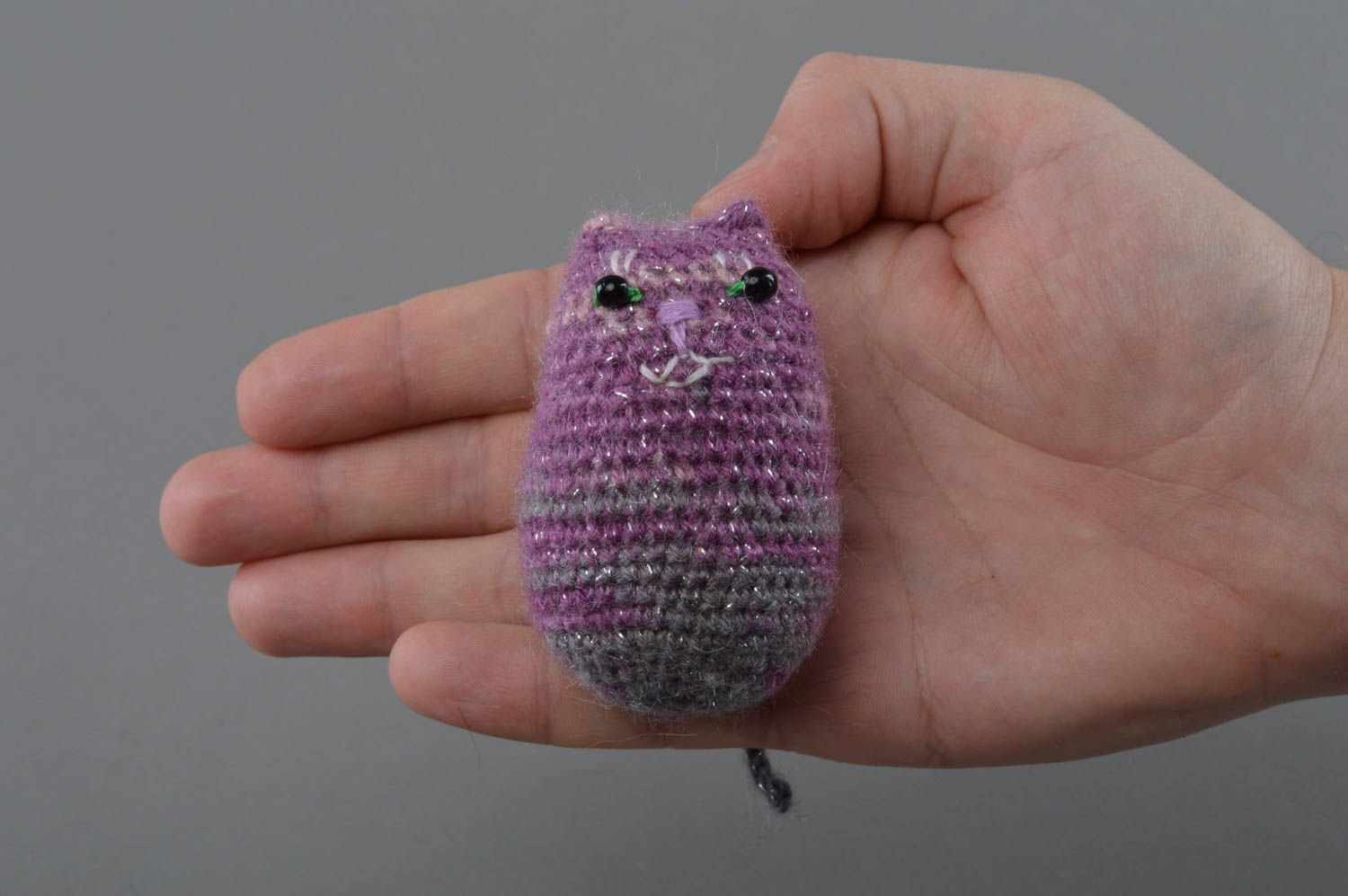 Handmade miniature violet crochet toy cat for children photo 4