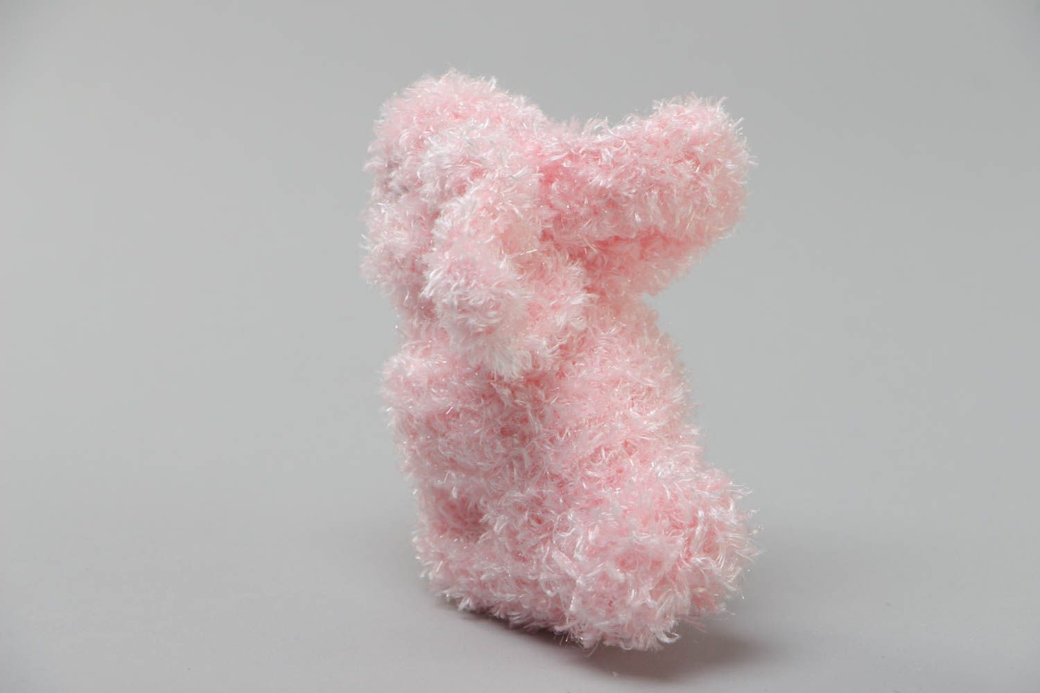 Small pink knitted soft toy in the shape of fluffy rabbit handmade photo 4