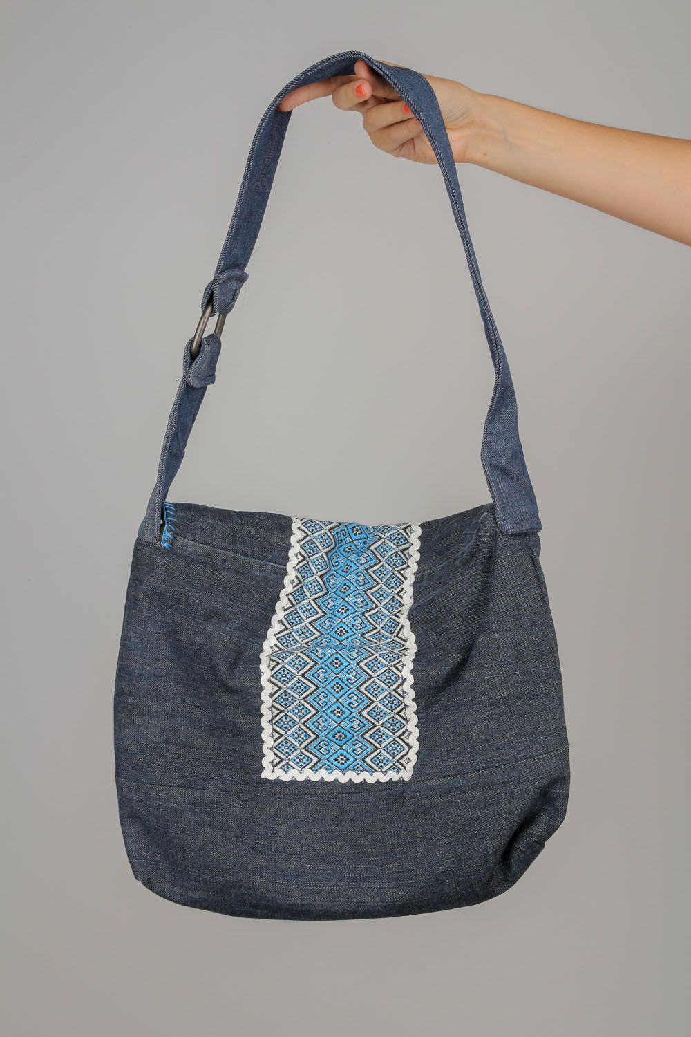 Gros sac à épaule en jean Ornementé fait main bleu original pour femme photo 5