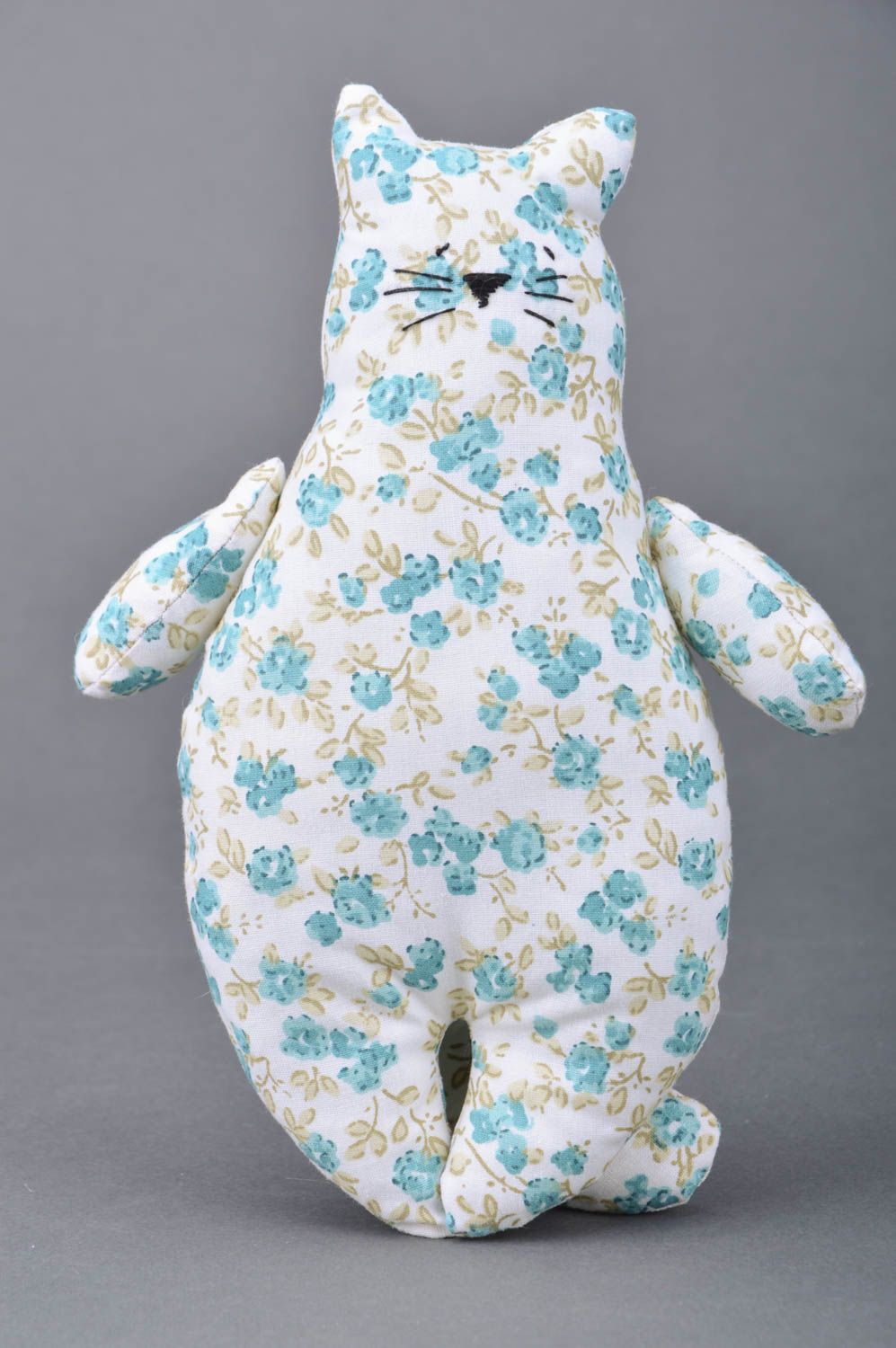Soft fabric cat made of cotton with flower pattern handmade blue decorative toy photo 2