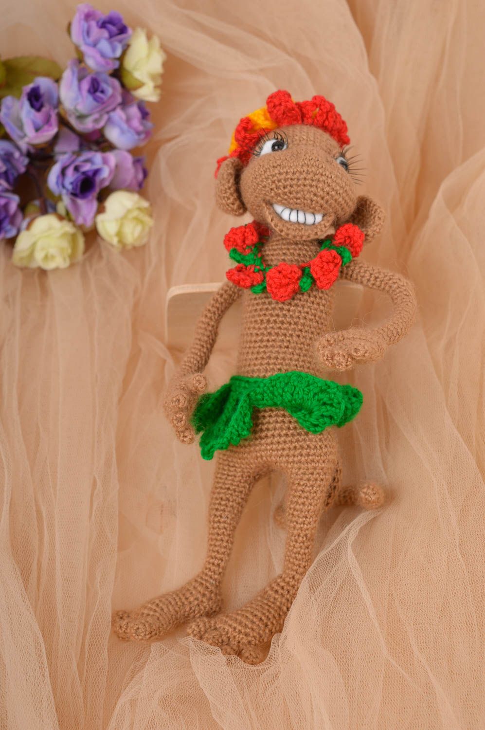 10 inches knitted stuffed monkey toy in brown, red, and green colors photo 1