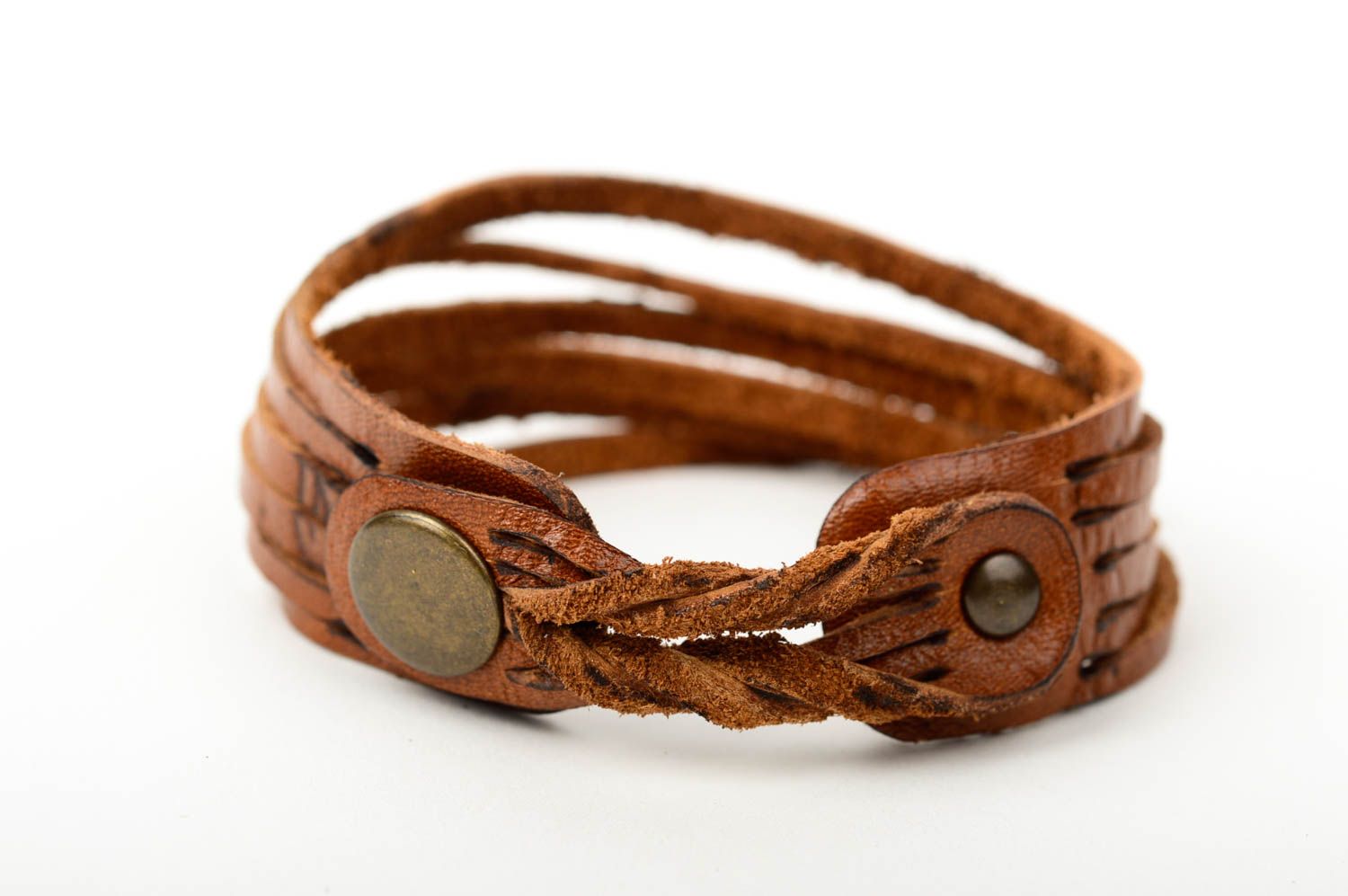 Браслет ручной работы широкий браслет на руку коричневый украшение из кожи фото 3