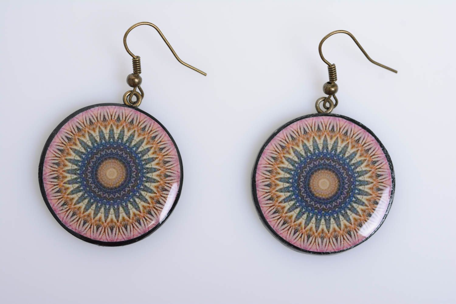 Polymer clay earrings round stylish designer handmade accessory with pattern photo 5