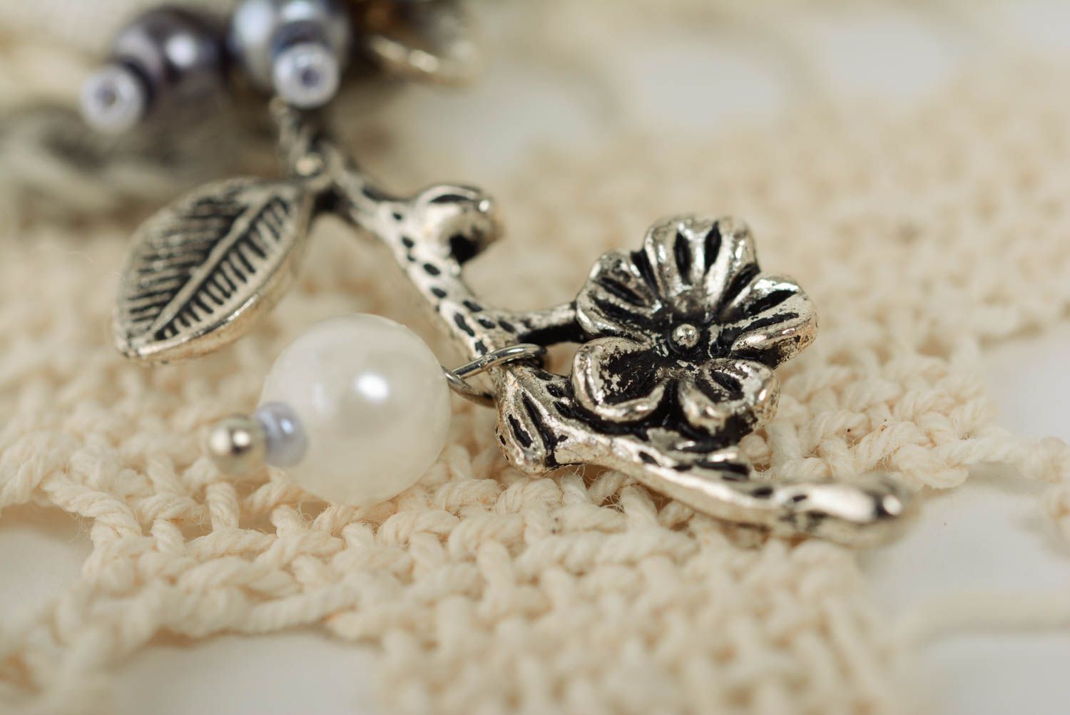 Handmade tender light crochet designer brooch with seed beads and metal charm photo 5