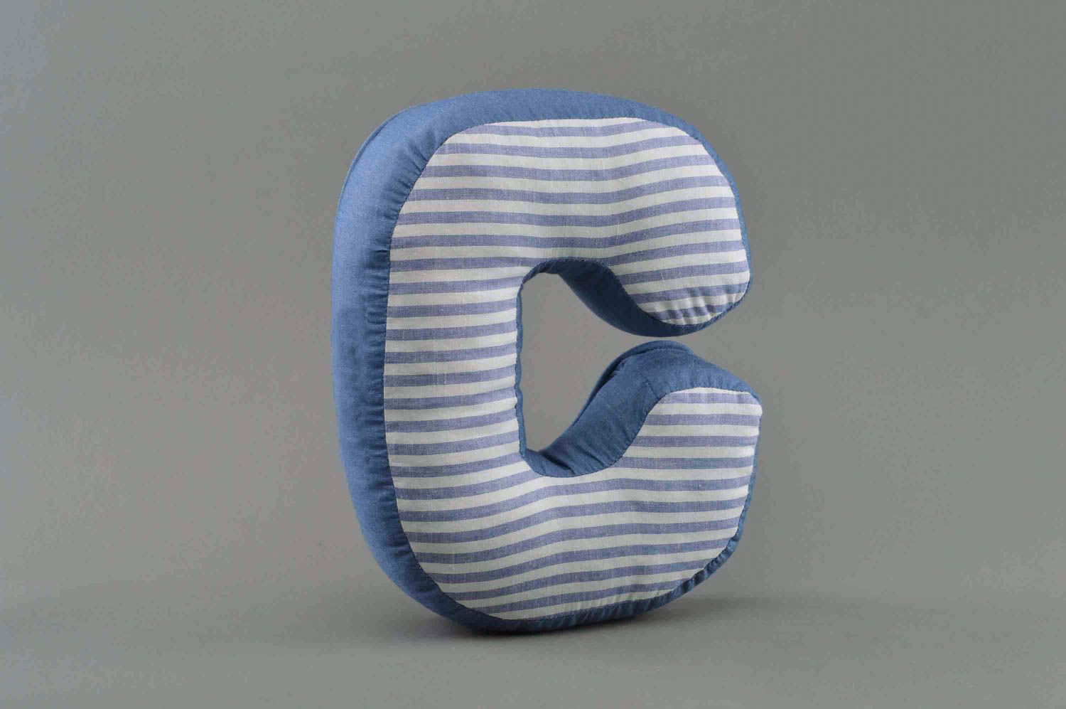Homemade decorative soft toy pillow letter C sewn of blue and stripped fabric photo 1