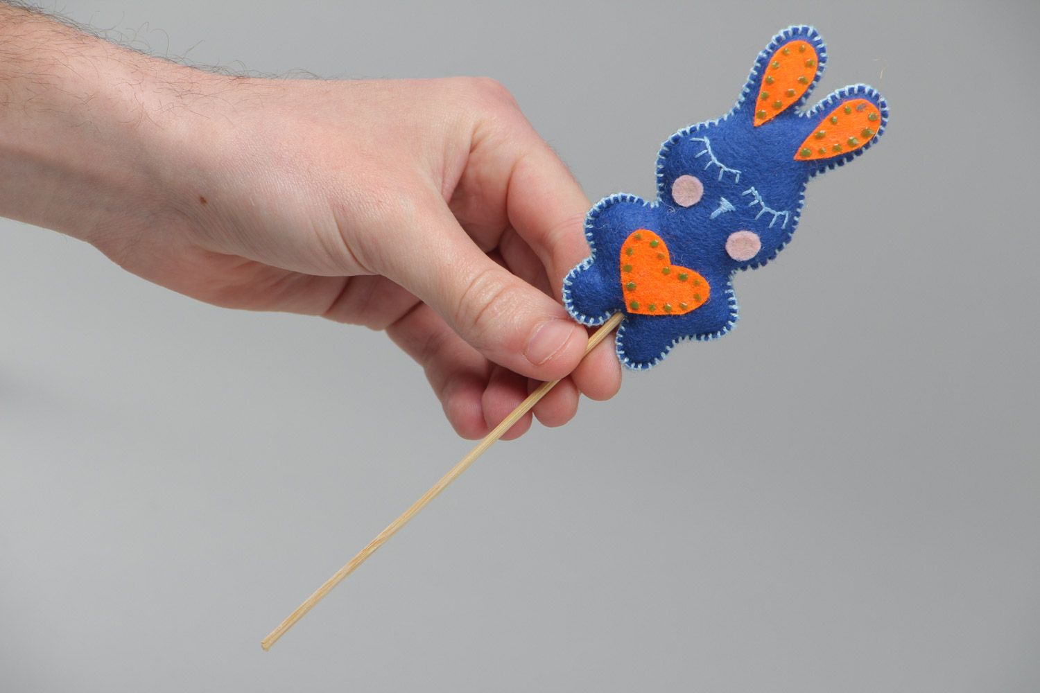 Handmade small soft toy on stick blue rabbit for interior decoration photo 5
