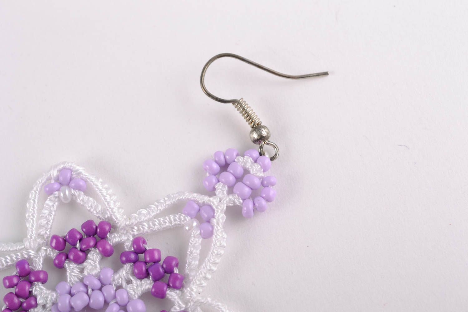 Tatting earrings with beads Violet Flower photo 3