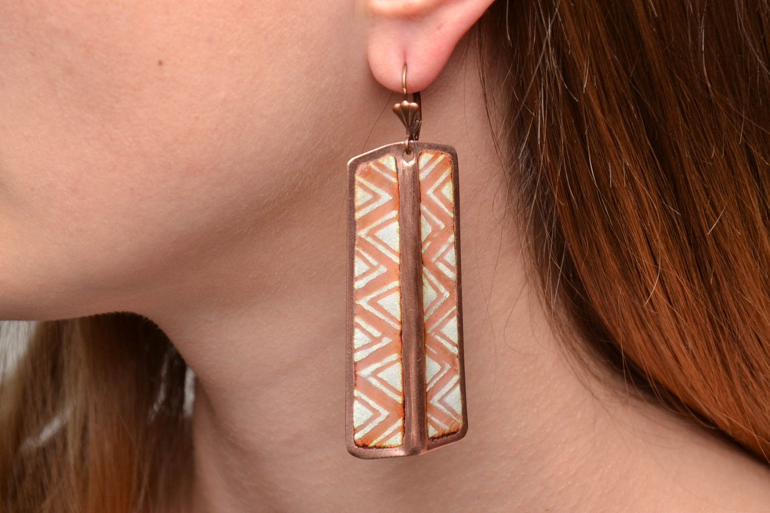 Long handmade copper earrings painted with enamels photo 2