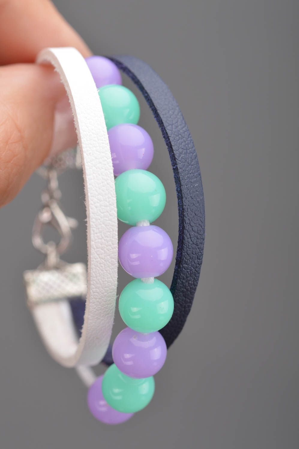 Handmade designer white and dark blue genuine leather bracelet with beads photo 2