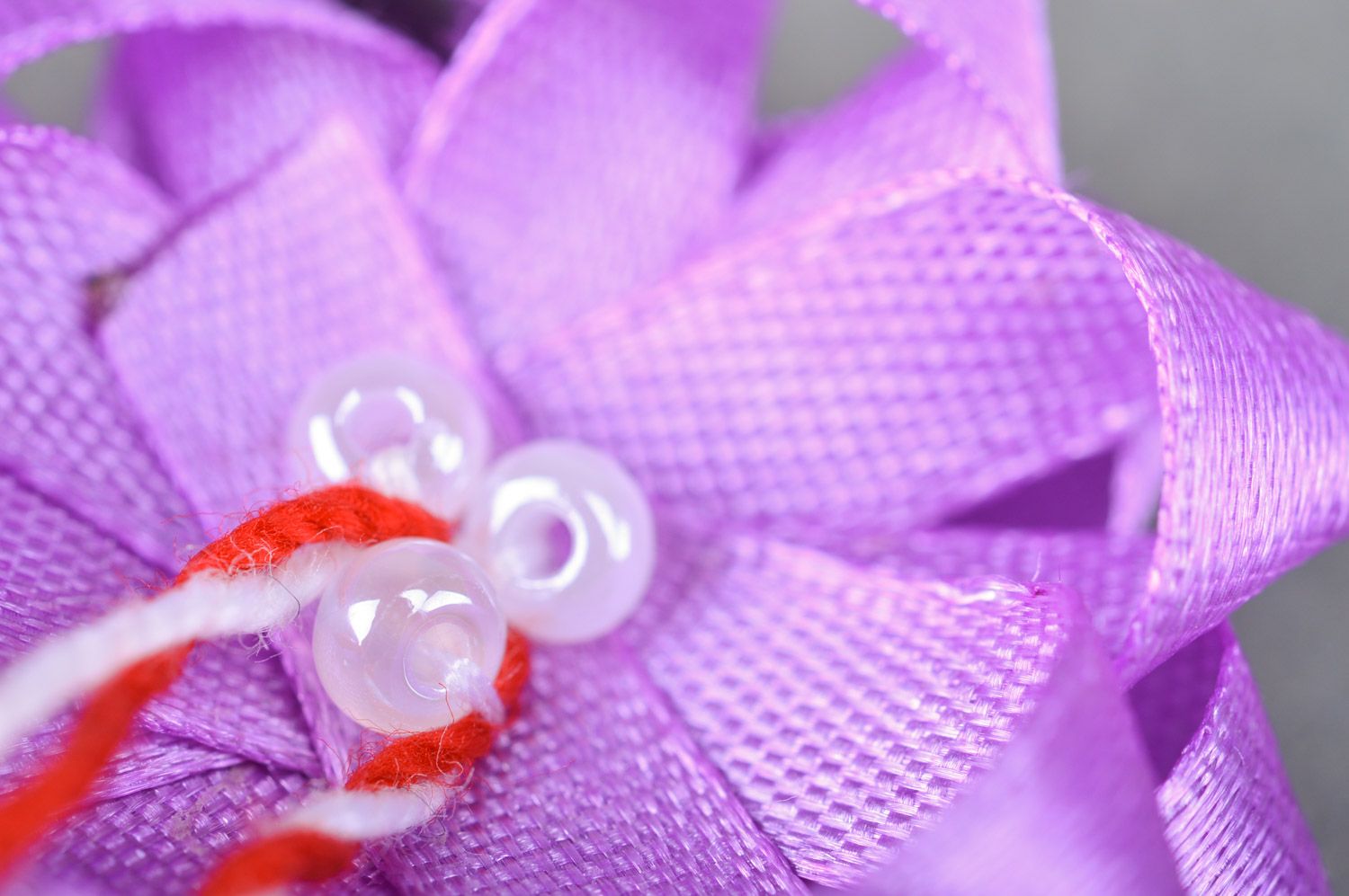 Handmade decorative hair pin with violet satin ribbon flower with beads photo 4