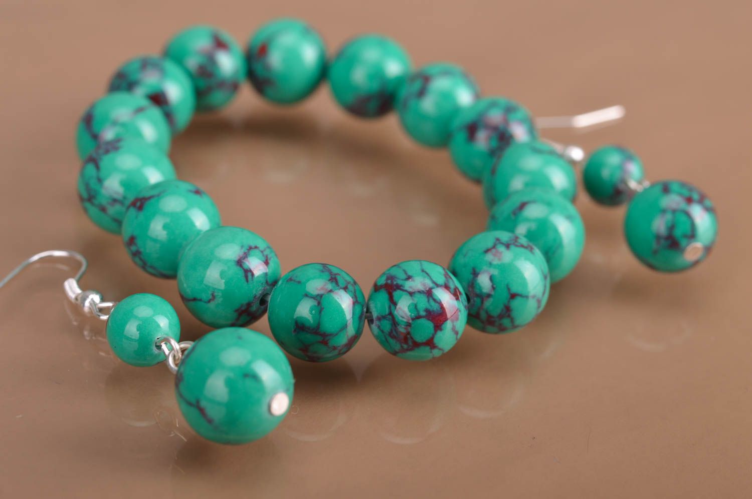 Handmade designer turquoise color beaded jewelry set wrist bracelet and earrings photo 1