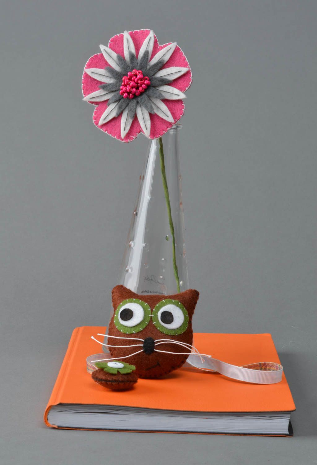 Handmade felt fabric brown toy cat bookmark designer present for children photo 1